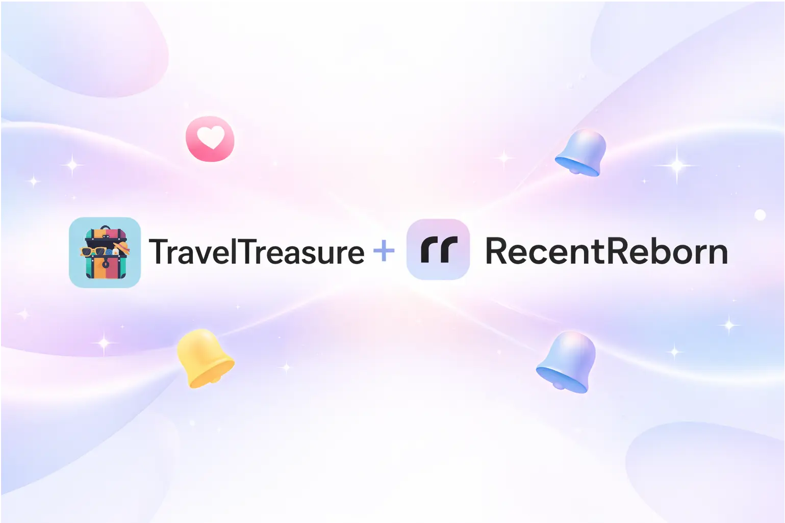 TravelTreasure and RecentReborn partnership announcement with app icons and notification bells