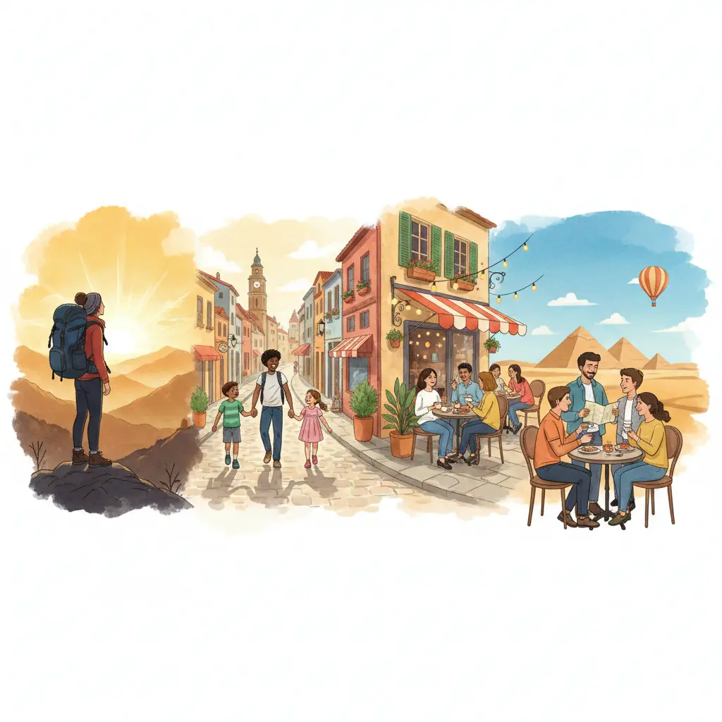 Illustration showing solo travelers and families exploring different destinations around the world