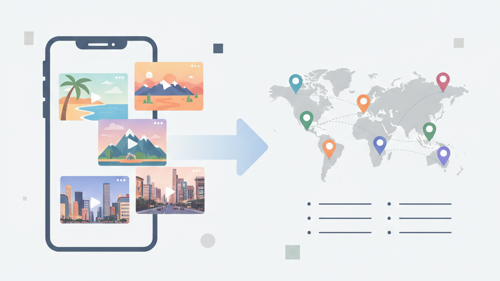 Phone showing travel videos converting to organized map with location pins