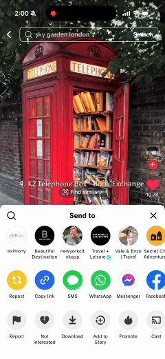 Tutorial showing how to share a TikTok or Instagram Reel to TravelTreasure by tapping the share button and selecting TravelTreasure from share menu