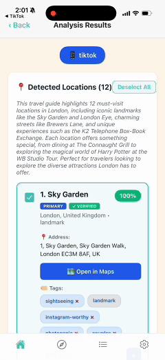 User reviewing extracted places, selecting favorites, and adding custom tags like Food, Coffee, Kid-Friendly and personal notes